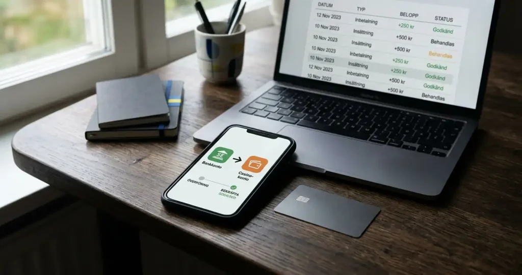 Smartphone, bankkort och abstrakt banköverföring på en mörk svensk arbetsyta