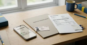 Smartphone bredvid identitetskortssiluett, dokumentmapp och neutrala kontrollmarkeringar på ett skrivbord