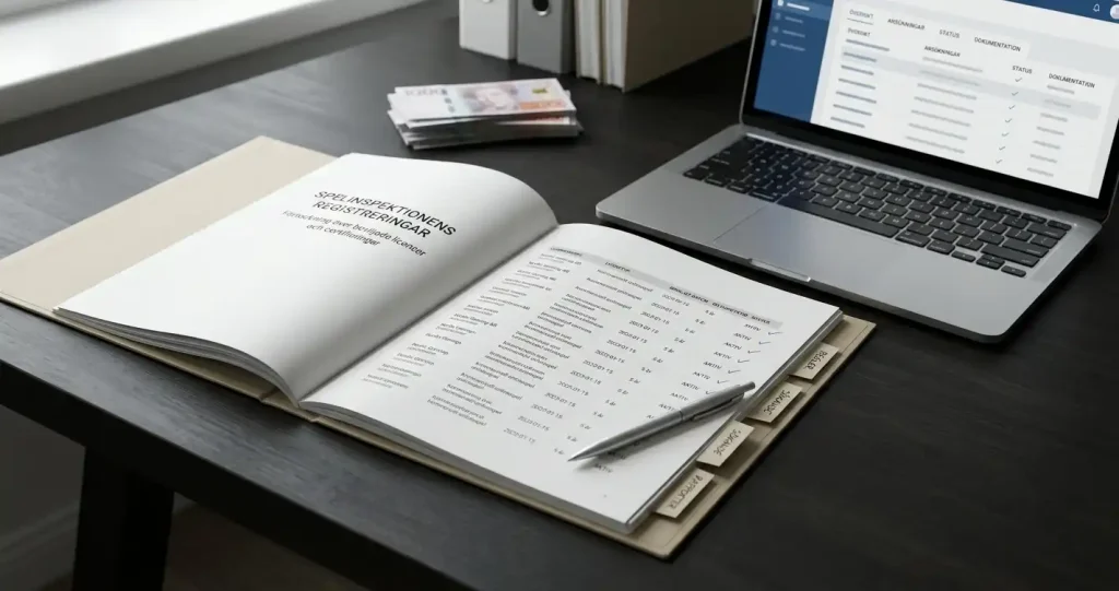 Öppet dokumentregister på ett skrivbord med neutrala svenska färgaccenter och granskningsmarkeringar