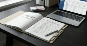 Öppet dokumentregister på ett skrivbord med neutrala svenska färgaccenter och granskningsmarkeringar