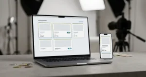 Abstrakt spelbibliotek på laptop och mobil med neutrala kategorikort och studiobelysning